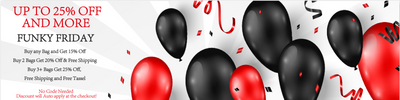 Promotional banner with black and red balloons and text for Funky Friday sale.