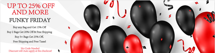 Promotional banner with black and red balloons and text for Funky Friday sale.